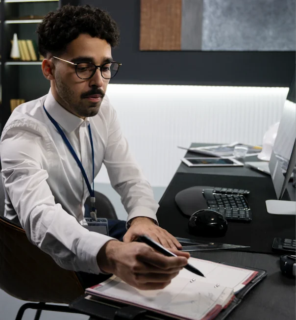 Abogado mexicano trabajando en una oficina moderna con herramientas tecnológicas, representando la evolución de los honorarios legales en 2025