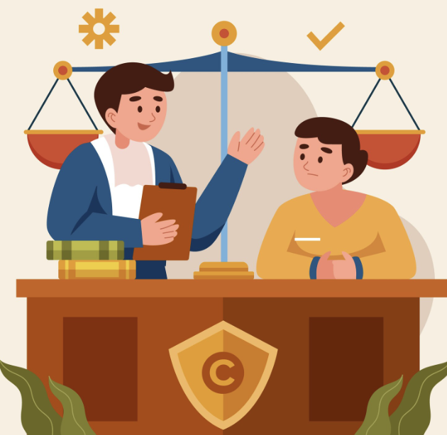 Ilustración del juicio de amparo mostrando abogado y cliente en el tribunal