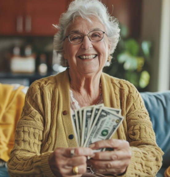 Pensionado sonriente recibiendo su pago del aguinaldo ISSSTE.