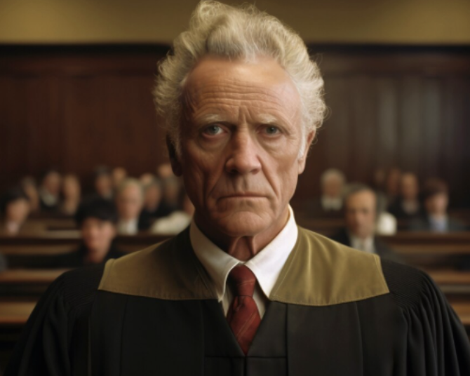 Sala de tribunal mexicana con jueces, un abogado presentando su caso y público presente, representando la solemnidad e importancia del juicio de amparo.